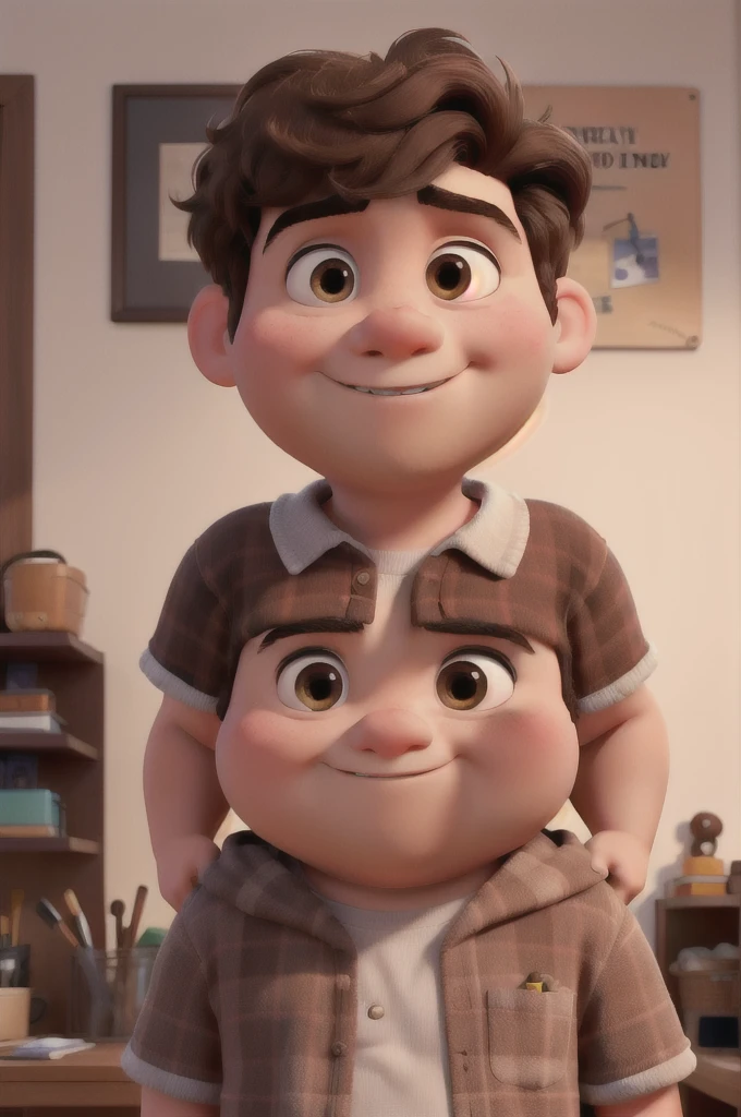 Create a Pixar post of just the face of a chubby 14-year-old boy with dark brown hair