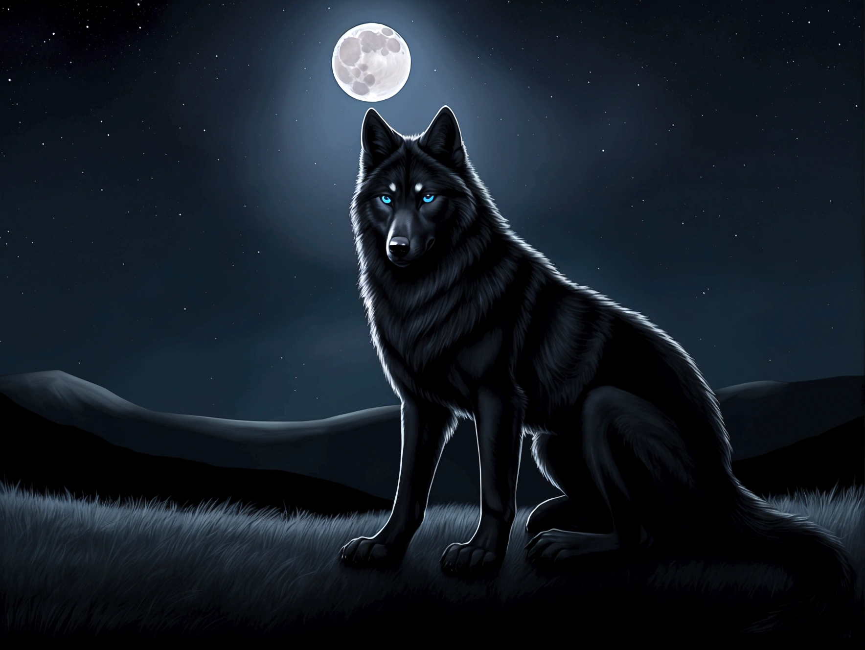 Beautiful black wolf with blue eyes. It is night, the moon is shining.