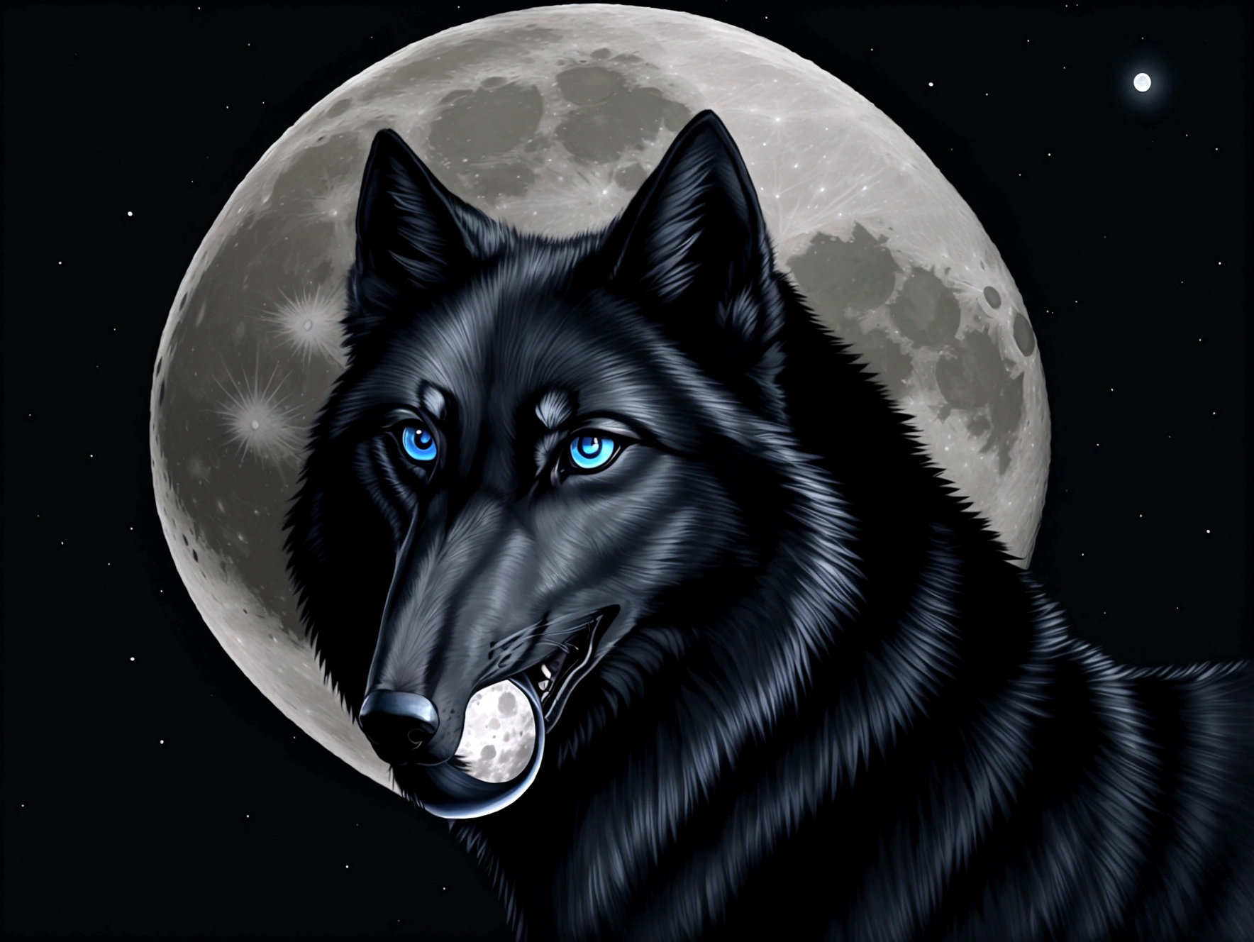 Beautiful black wolf with blue eyes. It is night, the moon is shining.