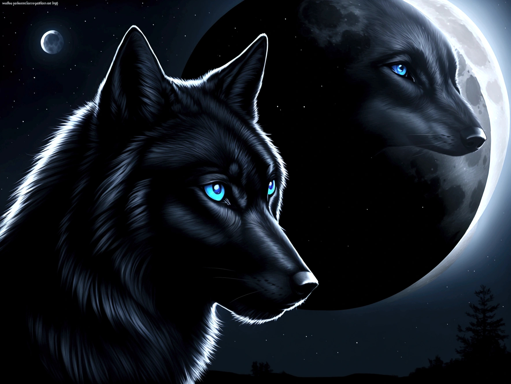 Beautiful black wolf with blue eyes. It is night, the moon is shining.