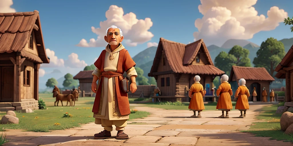 An elderly saint, dressed in traditional saffron robes, was calmly entering the village, with the villagers gathering around him.8k