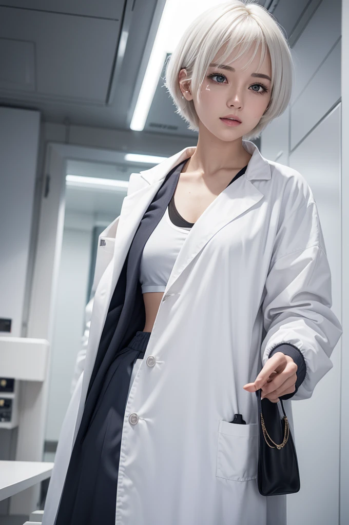 Twenty-year-old woman character with short white hair wearing a lab coat