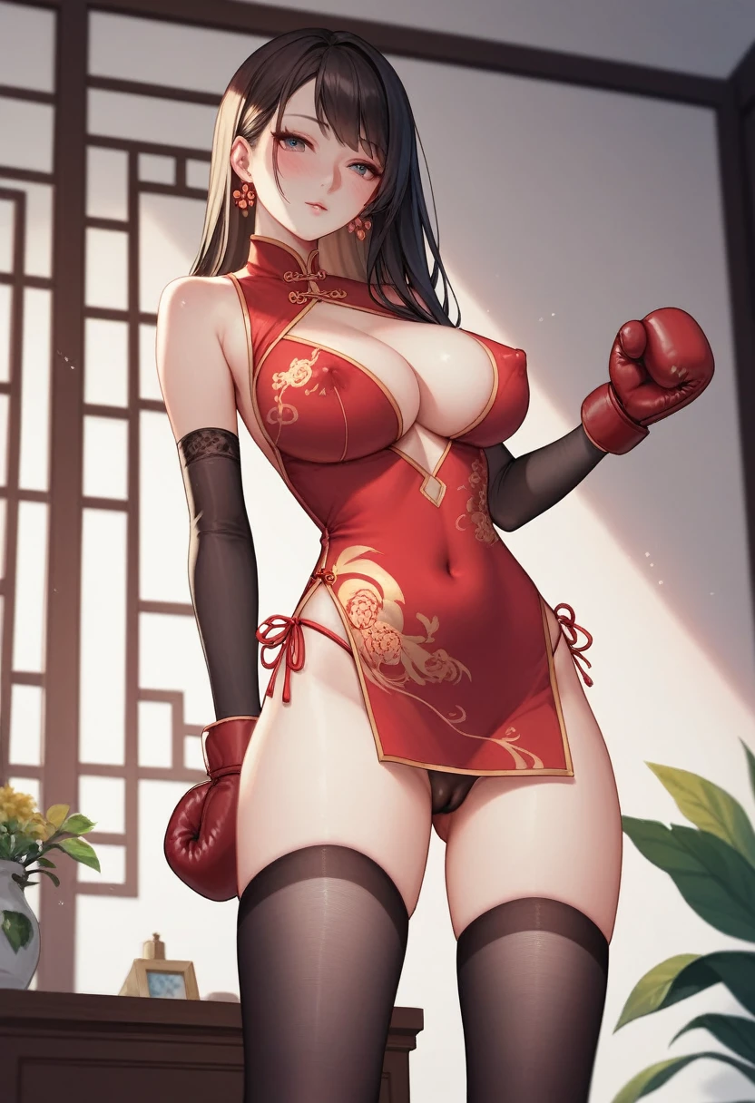 A slim Korean beauty,Good shape,Pretty Face,detailed picture, blush,White long hair, Wearing cheongsam, Wearing black tights, high-heel boots,Wearing black boxing gloves, Standing alone in the ring,Large Breasts,Cleavage,Thin legs,nipple,Camel toe
