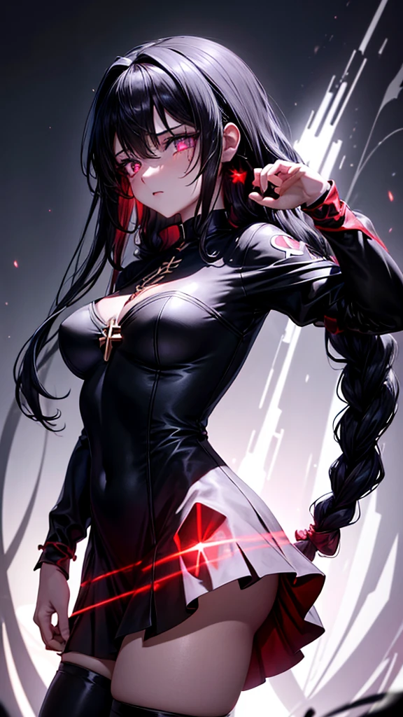 1 girl ,(large stigmata) , Kirchenruine, bloody rosary , (floating hair, floating skirt), ((Blutmeer)),From Side View, Characterfocus, ((Blacklight)),((dark lighting)), cinematic lighting ,(darkness), (conceptual art), ((Rape Face)) ,black long straight hair, black hair, Braided hairstyles, long straight braids, hair band , red eyes color, Short black dress, tight black dress, absolutes Territorium, Thigh high socks, (glowing eyes), high resolution,(incredibly absurd) ,Extreme detail CG Unity 8K wallpaper, ((masterpiece)), ((top quality)), (beautiful illustration), ((an extremely delicate and beautiful)), (masterpiece, best quality, ultra high resolution), black hair, pale skin, Black Crown, red eyes, bright_eyes, neon eyes, ultra detailed eyes, beautiful and detailed face, detailed eyes, (centered, torso), (tears), (wide angle shot:0.9), facing to viewer, eyeshöhe