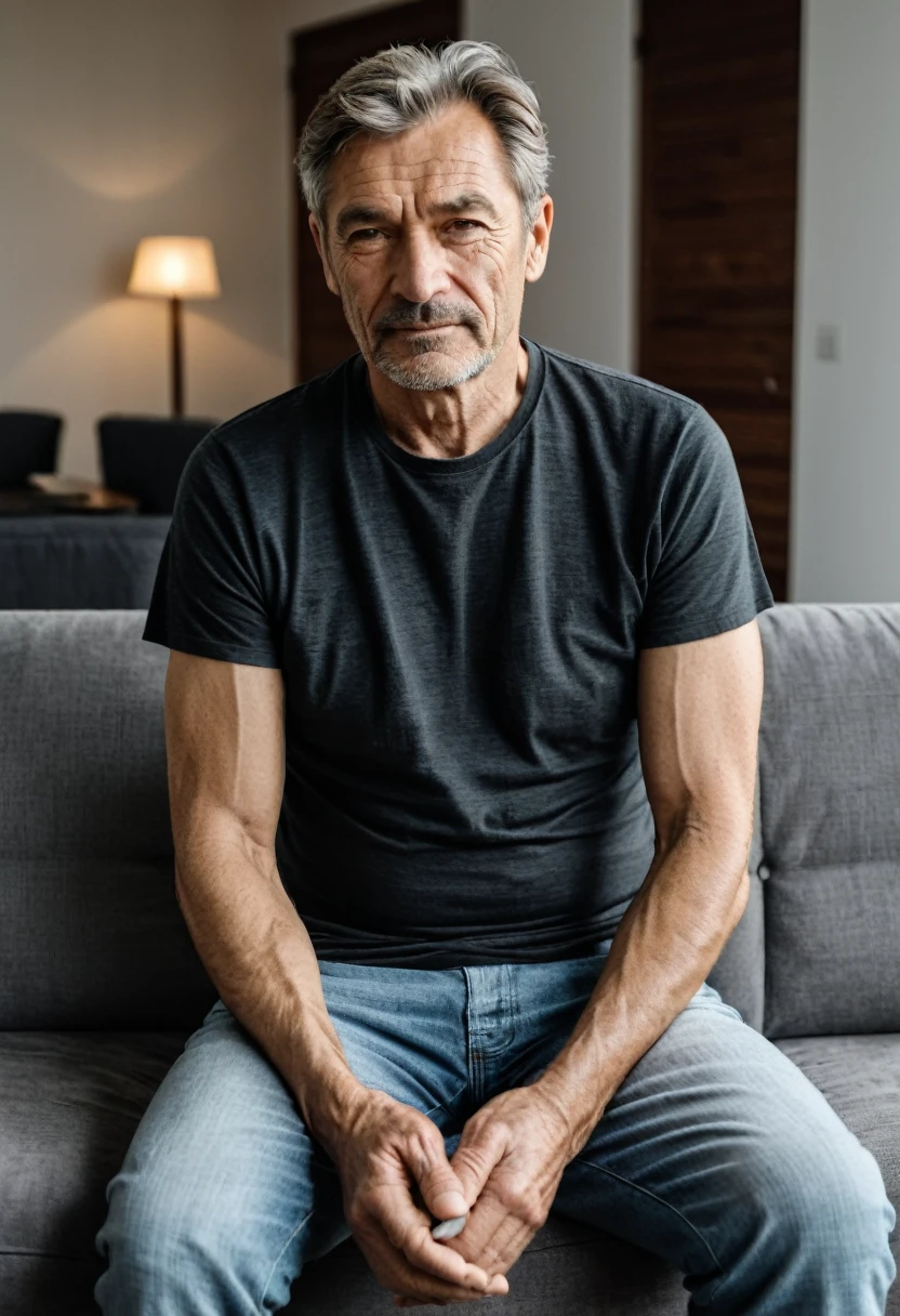 RAW photo, full body, 55-year-old man, wrinkles, casual t-shirt, sitting on the guest sofa, looking at the viewer, wearing black shoes, straight forward position, in front of the viewpoint,