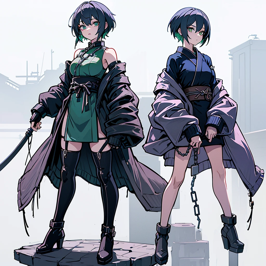 (Masterpiece, top quality), (detailed hair), super detailed, anime style, full body, solo, Cyberpunk ninja girl, medium short White hair, green eyes, wearing cyber kimono, feminine figure, holding chain kunai, chain wrapped rugged gauntlets, high heeled boots, standing wasteland, white background, whole body, chains around, chains everywhere 
