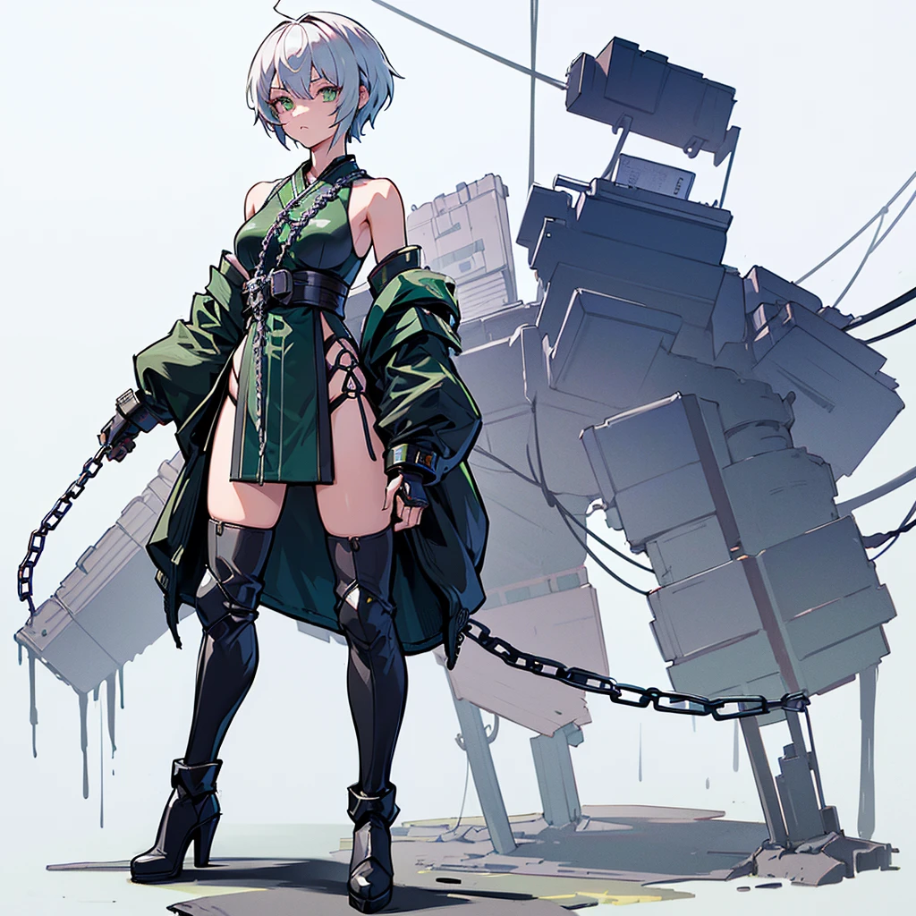 (Masterpiece, top quality), (detailed hair), super detailed, anime style, full body, solo, Cyberpunk ninja girl, medium short White hair, green eyes, wearing cyber kimono, feminine figure, holding chain kunai, chain wrapped rugged gauntlets, high heeled boots, standing wasteland, white background, whole body, chains around, chains everywhere 
