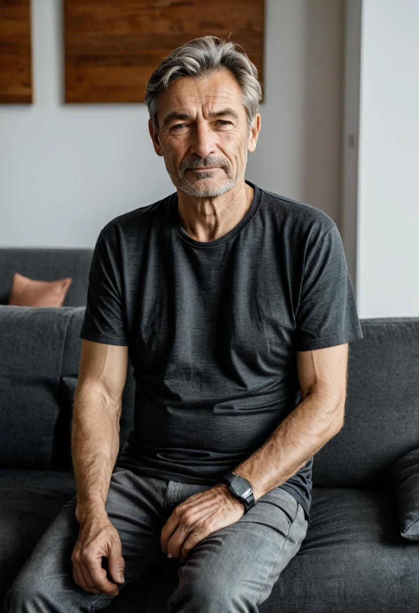 RAW photo, full body, 55-year-old man, wrinkles, casual t-shirt, sitting on the guest sofa, looking at the viewer, wearing black shoes, straight forward position, in front of the viewpoint,