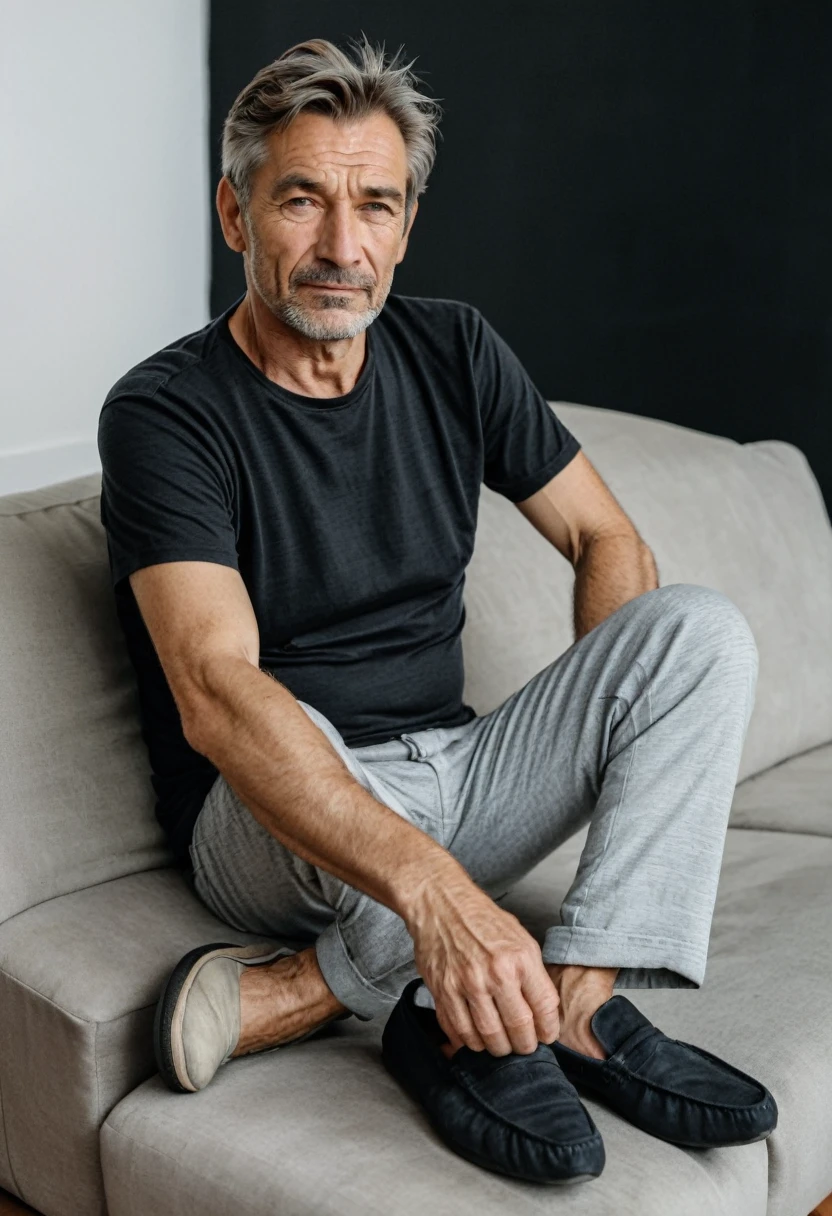 RAW photo, full body, 55-year-old man, wrinkles, casual t-shirt, sitting on the guest sofa, looking at the viewer, wearing black shoes, straight forward position, in front of the viewpoint,