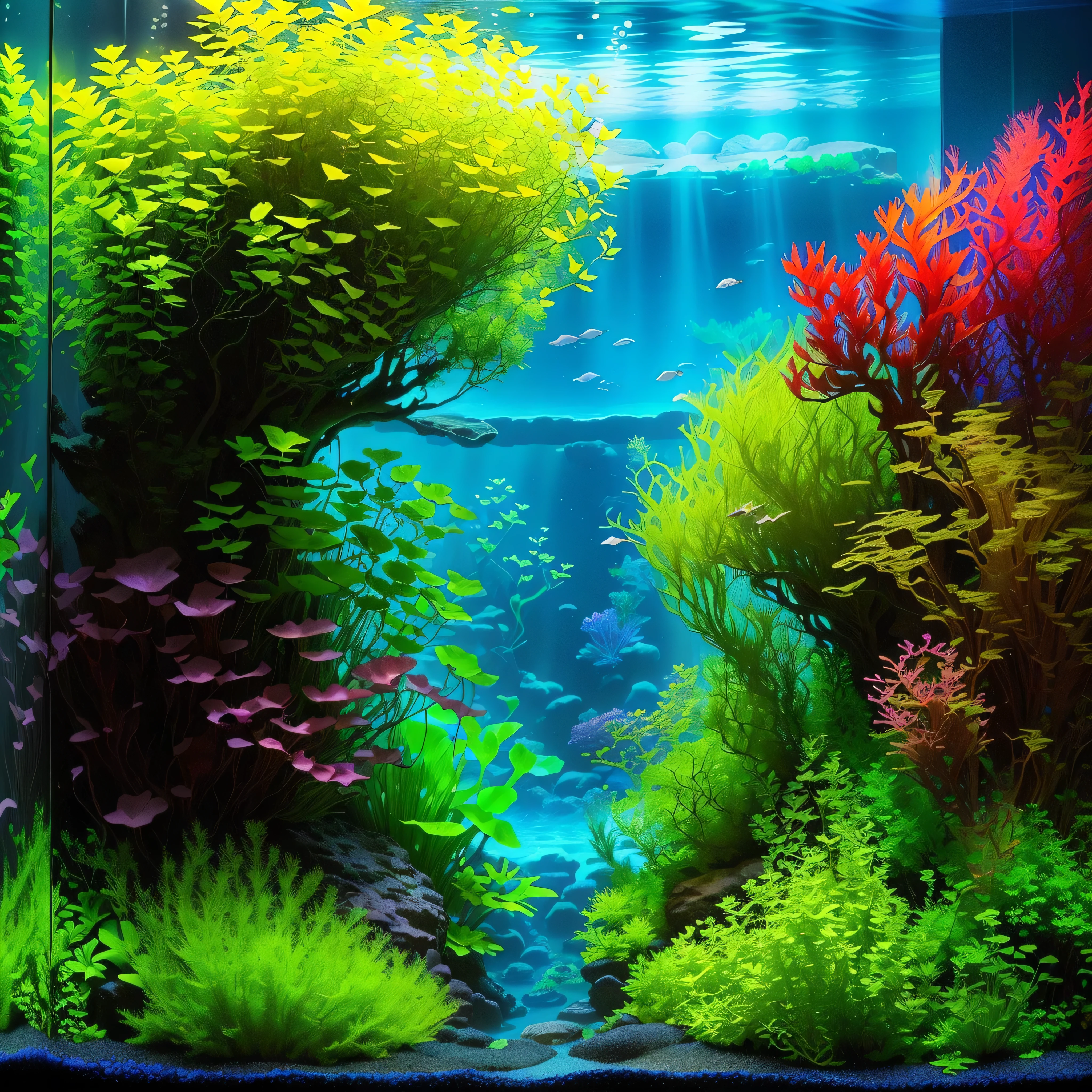 there is a Aquarium with plants and rocks in it, overgrown with aquatic plants, aquatic plants, colorful picturesque environment, aquatic plants, underwater plants, Iwagumi Waterscape, Aquarium life, Aquarium, beautiful environment, lush, deep vivid colors, underwater landscape, incredible depth, closeup cinematic water scene, Summer 2016, Aquarium