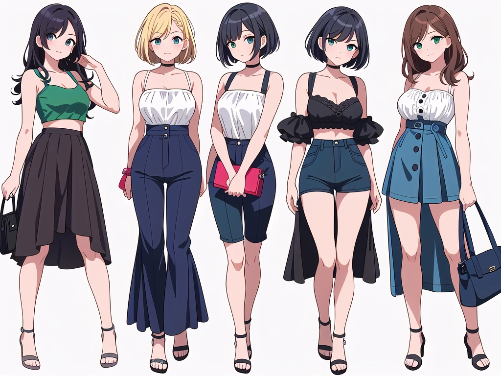 (((Best Quality))) , ((full body)), 4 lady, adult woman, multiple views, (((white background,))) variety of hairstyles, variety of fashion styles, seductive pose, fashionable and trendy atmosphere, holding bag, summer outfits, walk pose, dark blue/dark orange/dark green/dark violet/brown/white, short pants, bustier,