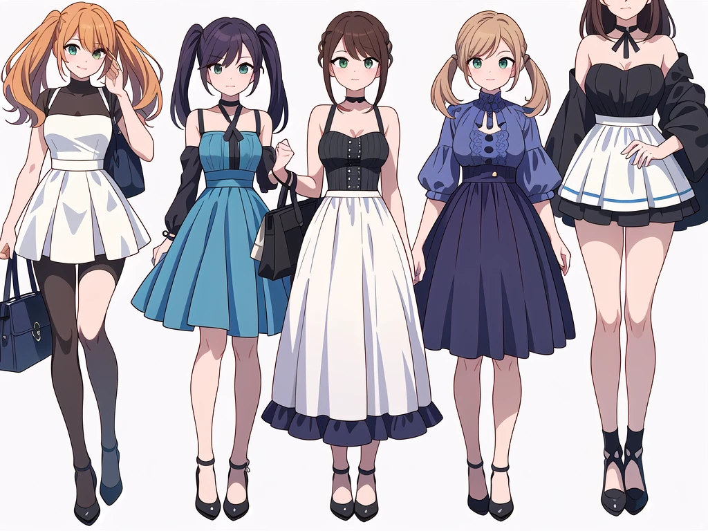 (((Best Quality))) , ((full body)), 4 lady, adult woman, multiple views, white background, variety of hairstyles, variety of fashion styles, seductive pose, fantasy outfit, walk pose, dark blue/dark orange/dark green/dark violet/brown/white, ,
