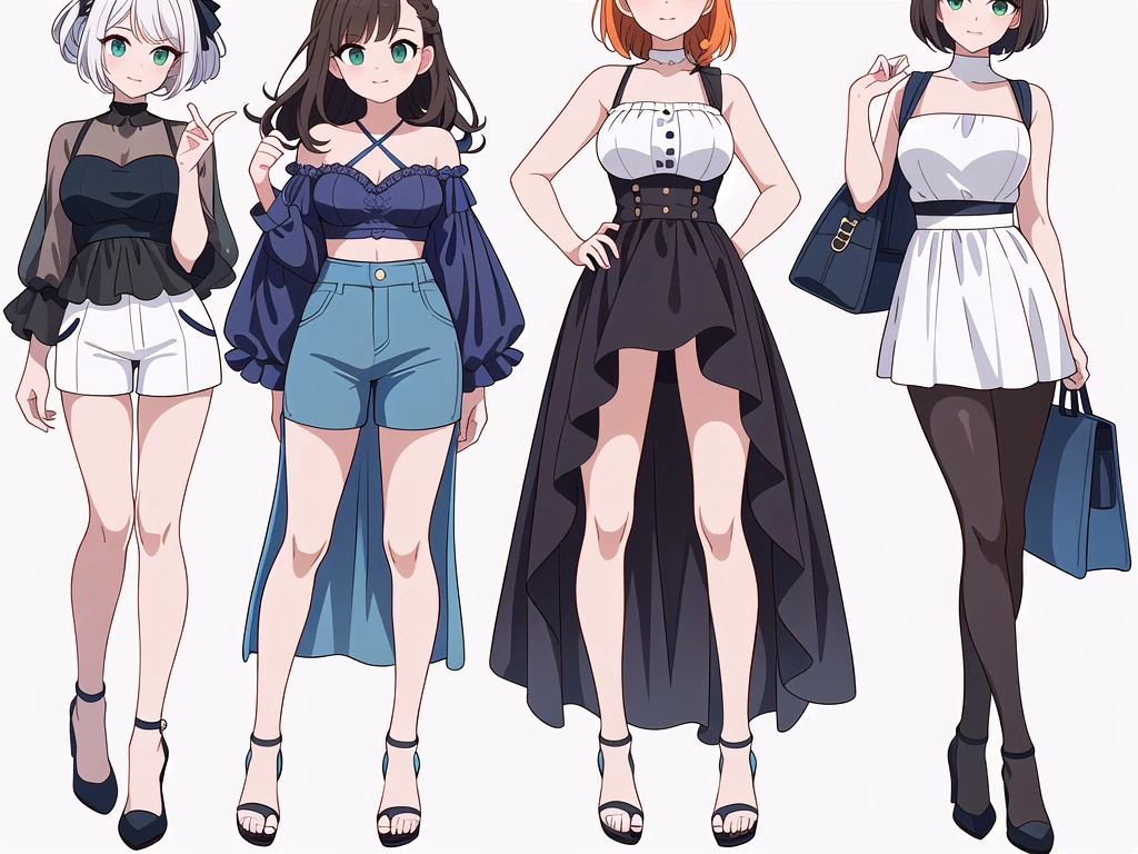 (((Best Quality))) , ((full body)), 4 lady, adult woman, multiple views, (((white background,))) variety of hairstyles, variety of fashion styles, seductive pose, fashionable and trendy atmosphere, holding bag, summer outfits, walk pose, dark blue/dark orange/dark green/dark violet/brown/white, short pants,   bustier,
