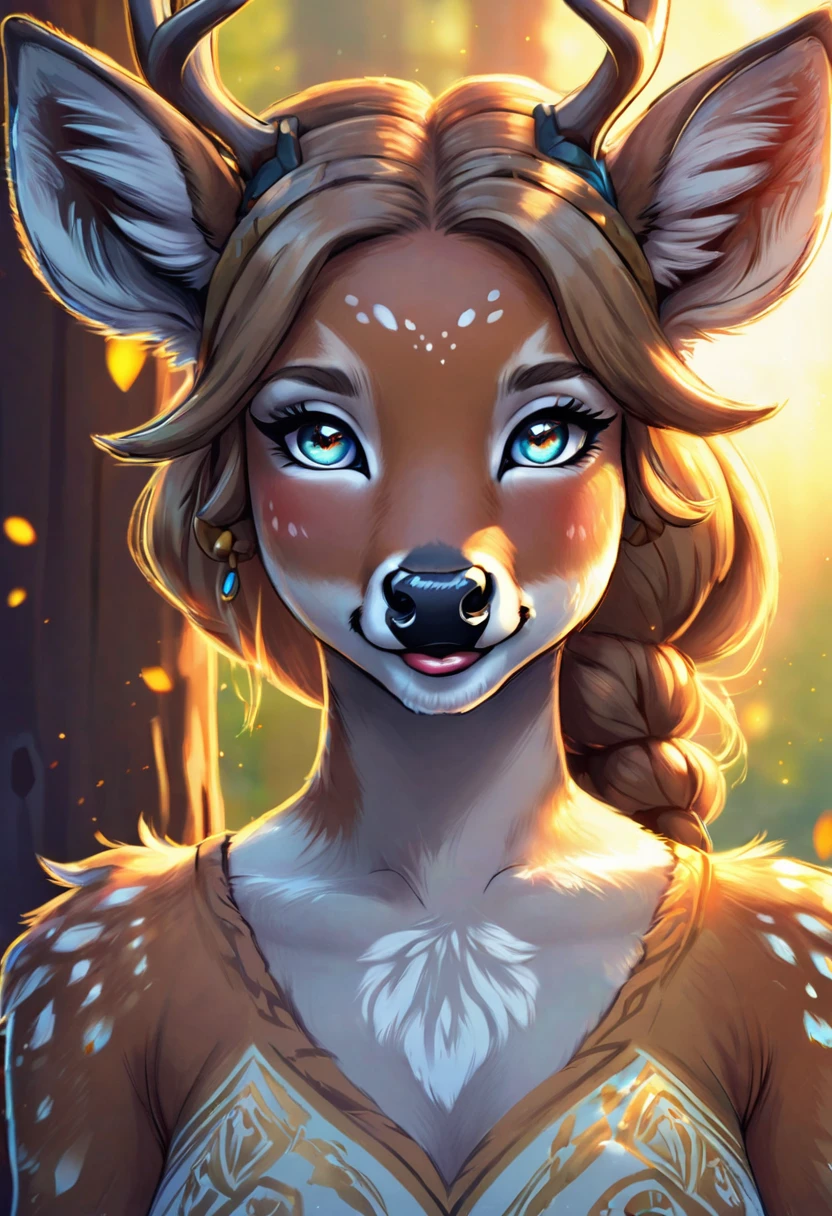 Create an illustrated, hand-drawn, full-color image of an anthropomorphic deer girl. The artwork should be rendered in the style of "Breath of the Wild," featuring warm lighting and shadows. Include graphite shading, stencil marks, and airbrushed acrylic paint effects. The image should be of the highest quality, a masterpiece with intricate details. The deer girl should have a female, humanoid, furry appearance with grey skin. She should have luscious lips, a wide smile, and bright, expressive eyes, exuding beauty, cuteness, and adorableness. Ensure the image is high resolution and sharply detailed, with a detailed and vibrant background. Incorporate mystical lighting in the background, creating a romantic and enchanting atmosphere.
