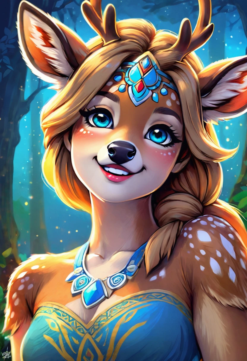 Create an illustrated, hand-drawn, full-color image of an anthropomorphic deer girl. The artwork should be rendered in the style of "Breath of the Wild," featuring warm lighting and shadows. Include graphite shading, stencil marks, and airbrushed acrylic paint effects. The image should be of the highest quality, a masterpiece with intricate details. The deer girl should have a female, humanoid, furry appearance with grey skin. She should have luscious lips, a wide smile, and bright, expressive eyes, exuding beauty, cuteness, and adorableness. Ensure the image is high resolution and sharply detailed, with a detailed and vibrant background. Incorporate mystical lighting in the background, creating a romantic and enchanting atmosphere.