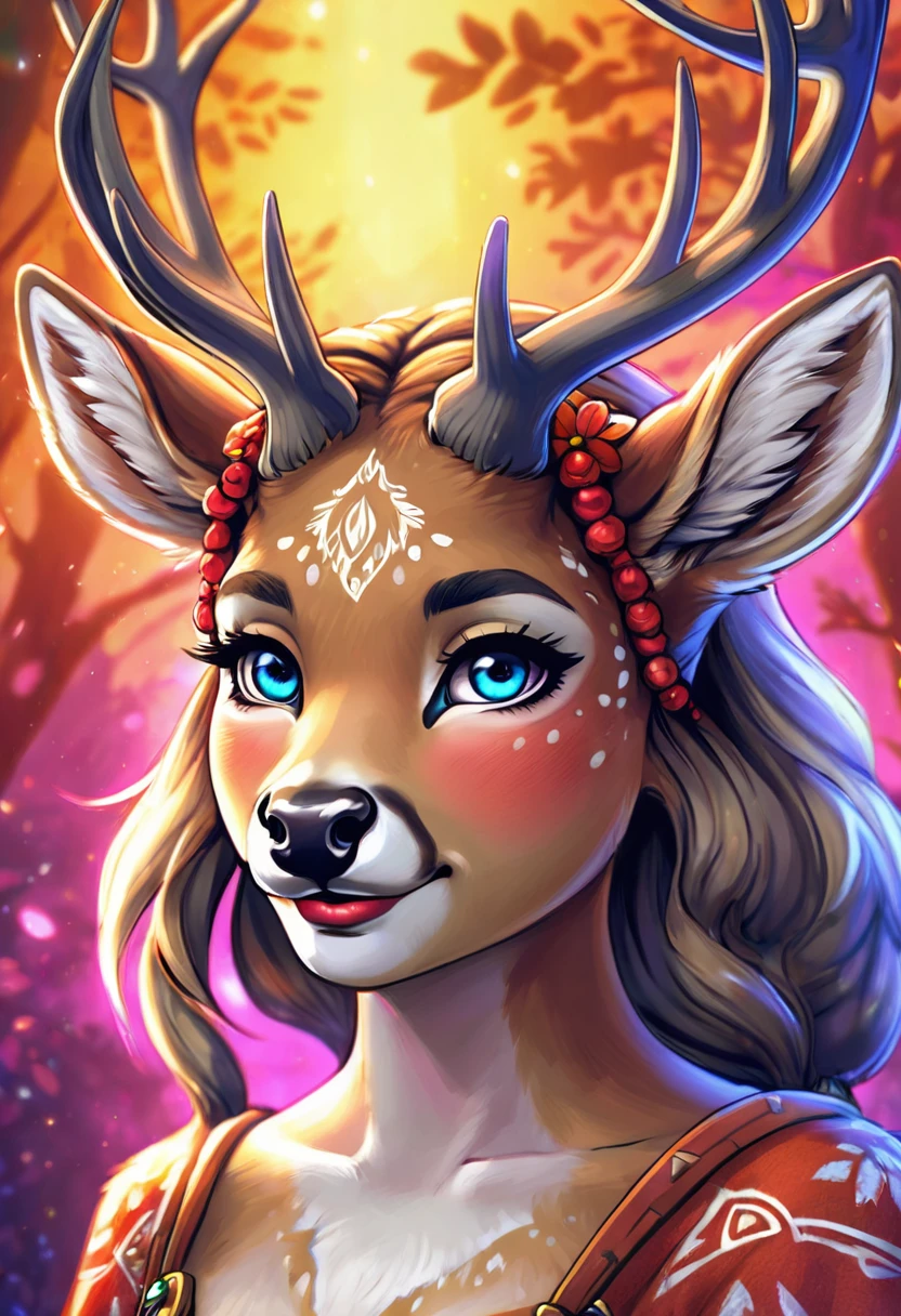 Create an illustrated, hand-drawn, full-color image of an anthropomorphic deer girl. The artwork should be rendered in the style of "Breath of the Wild," featuring warm lighting and shadows. Include graphite shading, stencil marks, and airbrushed acrylic paint effects. The image should be of the highest quality, a masterpiece with intricate details. The deer girl should have a female, humanoid, furry appearance with grey skin. She should have luscious lips, a wide smile, and bright, expressive eyes, exuding beauty, cuteness, and adorableness. Ensure the image is high resolution and sharply detailed, with a detailed and vibrant background. Incorporate mystical lighting in the background, creating a romantic and enchanting atmosphere.
