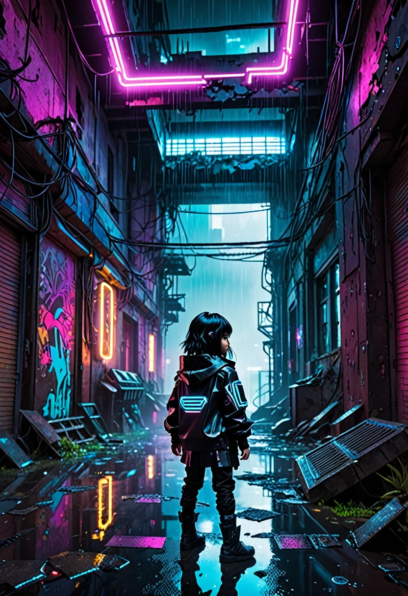 Cyberpunk city night。Inside an abandoned building。The weather is rainy。A boy with long black hair dressed in a futuristic outfit is about to be killed and is looking in the direction of the camera.。
Neon lights and steam float through the ruins.