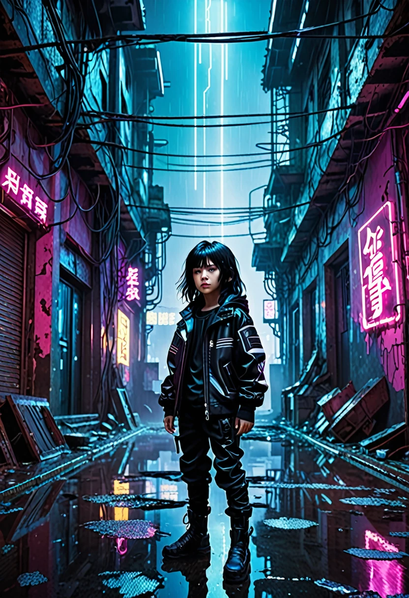 Cyberpunk city night。Inside an abandoned building。The weather is rainy。A small boy with long black hair dressed in a futuristic outfit is about to be killed and is looking in the direction of the camera.。
Neon lights and steam float through the ruins.