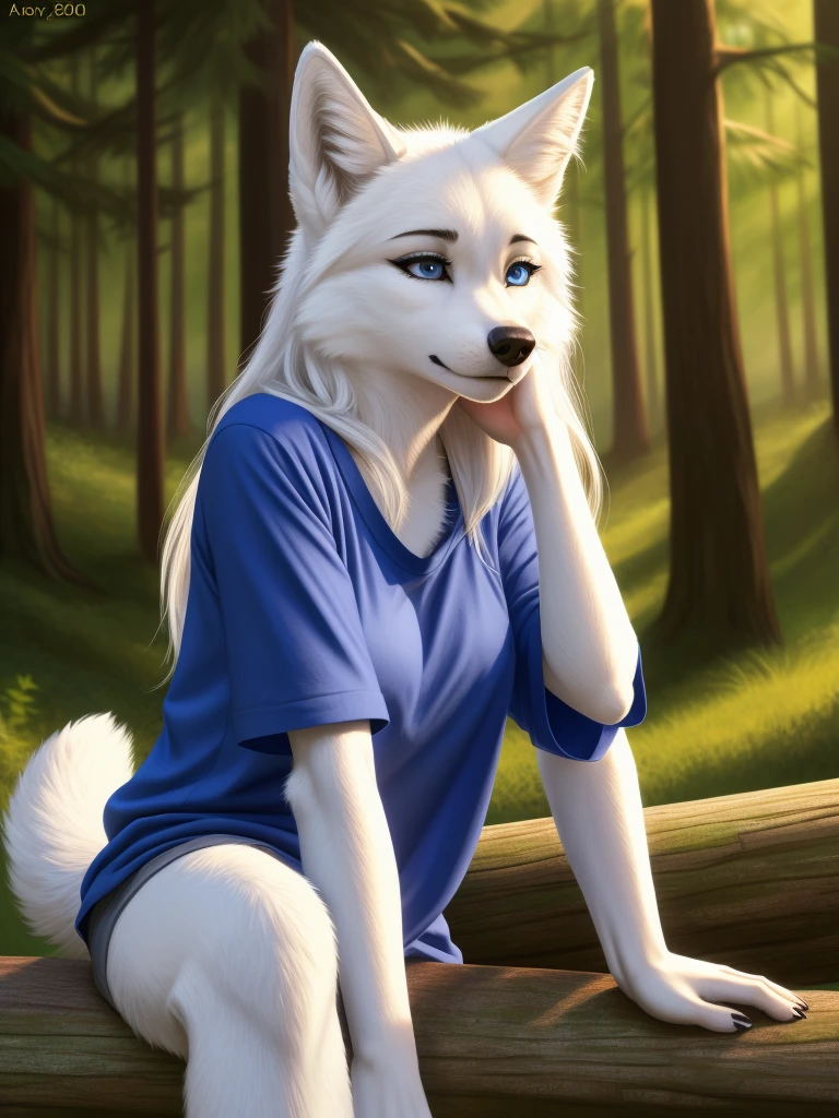 Posing, sitting on log, Female, 30 years old, cute, eyeliner, long hair, sad, blue shirt, bedroom eyes, anthro, wolf ears, (white fur:1.5), baggy shirt, wolf, forest background, 8k, hi res, (best quality, masterpiece), blue eyes