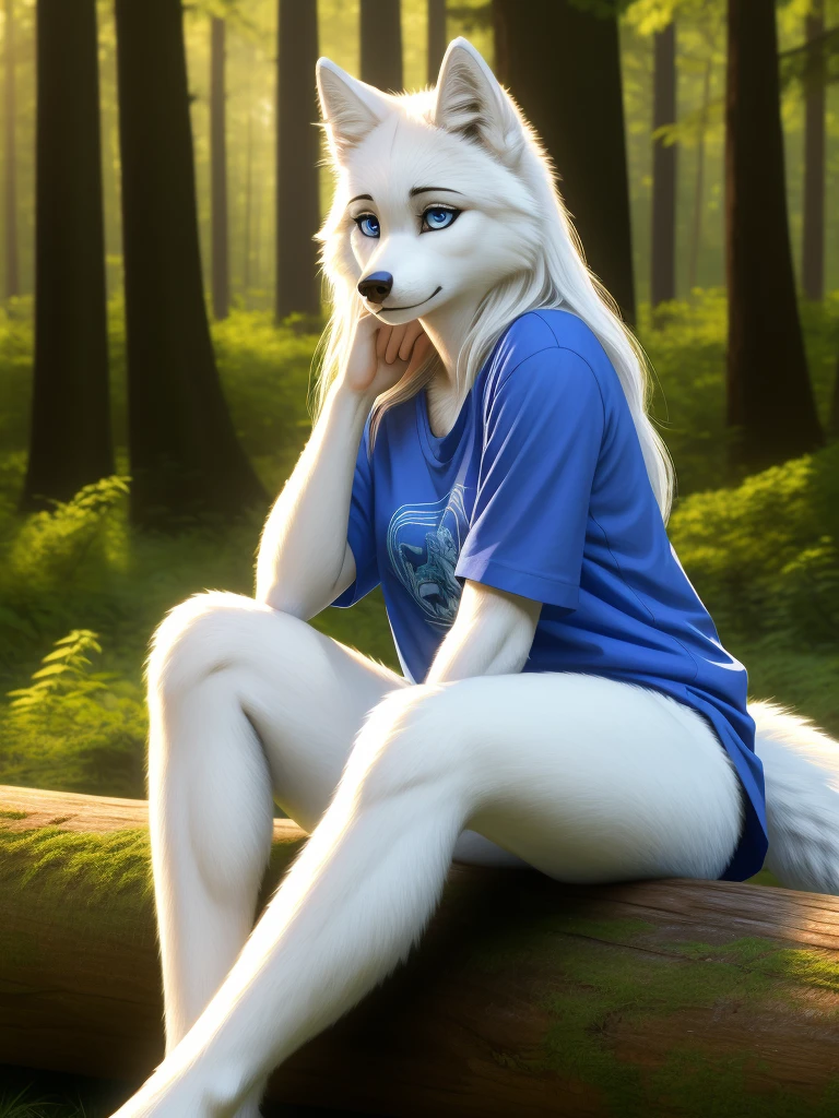 Posing, sitting on log, Female, 30 years old, cute, eyeliner, long hair, sad, blue shirt, bedroom eyes, anthro, wolf ears, (white fur:1.5), baggy shirt, wolf, forest background, 8k, hi res, (best quality, masterpiece), blue eyes