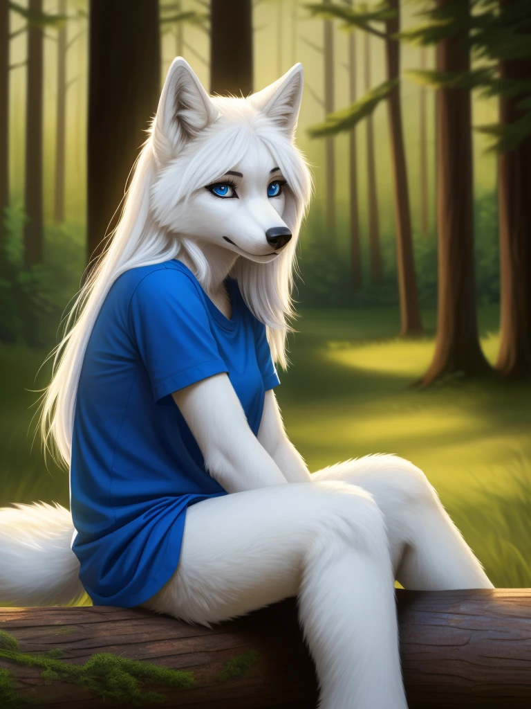 Posing, sitting on log, Female, 30 years old, cute, eyeliner, long hair, sad, blue shirt, bedroom eyes, anthro, wolf ears, (white fur:1.5), baggy shirt, wolf, forest background, 8k, hi res, (best quality, masterpiece), blue eyes