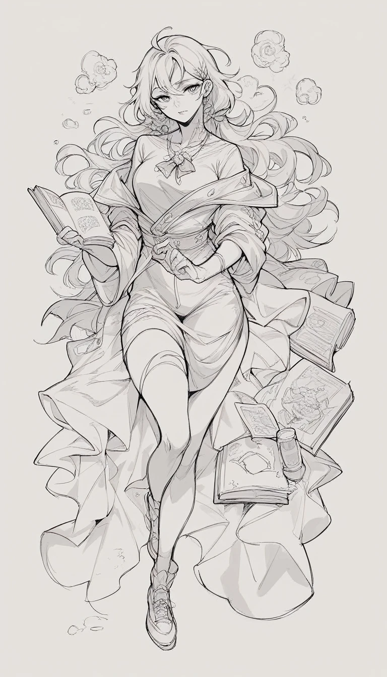 black and white, line art, no shading, full body, live2D character, coloring book style, sketch,ink drawing, outlines
