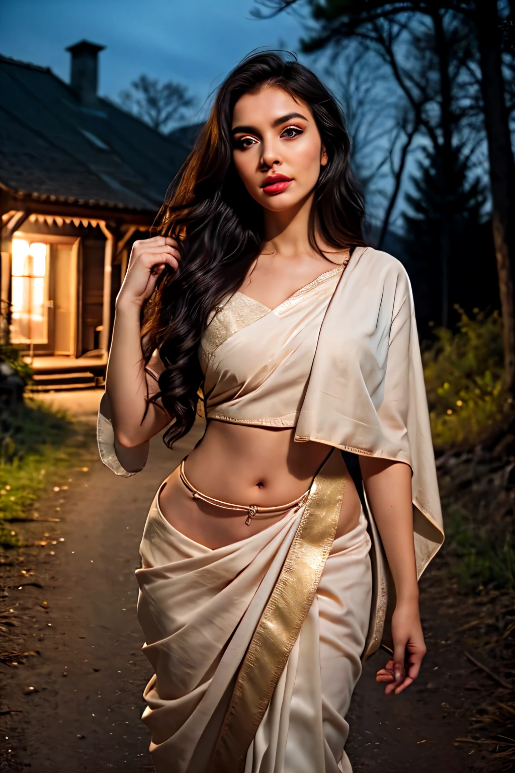 Beautiful devil posing, straight photoshoot pose, full body portrait, moonlitght , night, night time, winter, walking on forest path, detailed, horror face, cute, big eyes, iconic , big teeths ,photorealistic, mountain hounted house , detailed background, sexy saree, long hair, symmetric face, masterpiece, 8k, ultra realistic, horror face, devil face 

