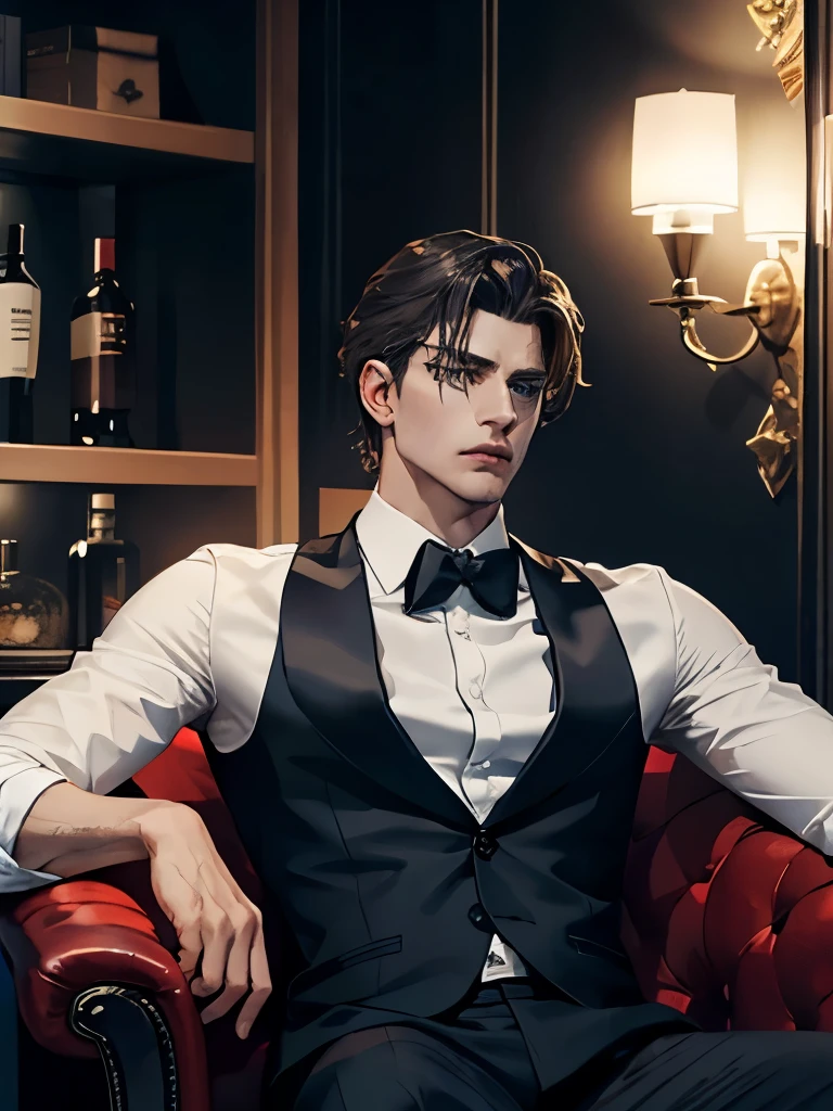 Setting: A dimly lit, luxurious VIP section in an upscale Moscow nightclub.
Ivan "The Bear" Kuznetsov: A tall, muscular man in his early 50s with a stern face and a deep scar running from his left eyebrow to his cheek. He has short, salt-and-pepper hair and piercing blue eyes. He exudes confidence and authority.
Pose: Ivan is sitting back in a plush, dark leather armchair. His posture is relaxed yet commanding. One arm rests on the armrest, fingers drumming lightly to the beat of the music. The other hand holds a crystal glass of vodka, ice clinking inside.
Expression: His expression is calm and confident, with a slight smirk at the corners of his mouth. His eyes are focused, scanning the room with a penetrating gaze.
Attire: Ivan is dressed in an impeccably tailored dark suit with a crisp white shirt, no tie. His shirt is unbuttoned at the collar, adding a touch of casualness to his otherwise formal look.
Surroundings: The VIP section is furnished with dark leather chairs and low, sleek tables. Soft, ambient lighting casts a warm glow, highlighting the luxurious décor. A few close associates and business partners sit nearby, engaged in low conversations. Ivan's bodyguards stand nearby, alert and watchful.
Atmosphere: The club is lively, with a vibrant energy. Patrons are seen dancing and chatting, but there's a clear area of respect and distance around Ivan. The music is upbeat, and the lighting changes in sync with the rhythm, adding to the dynamic atmosphere of the club.