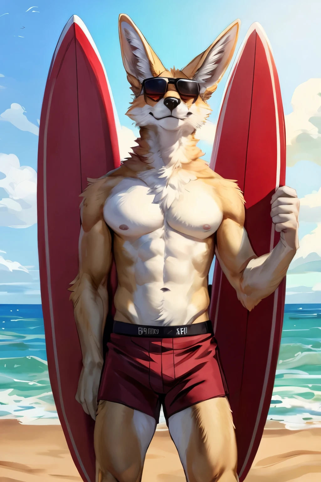 (solo, furry, anthro, hyper realistic, realistic fur), male, front view, muscular body, Fennec, smug, smirk, head tilted, bending down, wearing (((dark red colored))) boxer shorts, black sunglasses on head, standing upright, legs wide apart, holding red surfboard, beach, blurred background, by bebebebebe:1.2, by buta99,by foxovh, by ruan jia