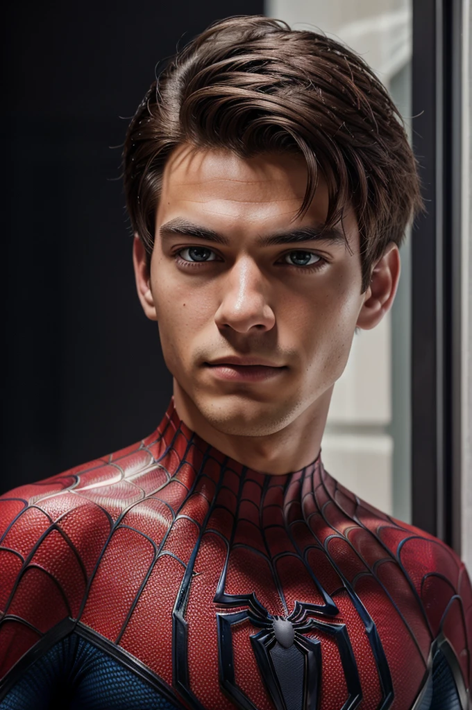A photograph of spider man, no mask, 20 yo, handsome, detailed face, looking at camera, portrait, 8k uhd, high quality