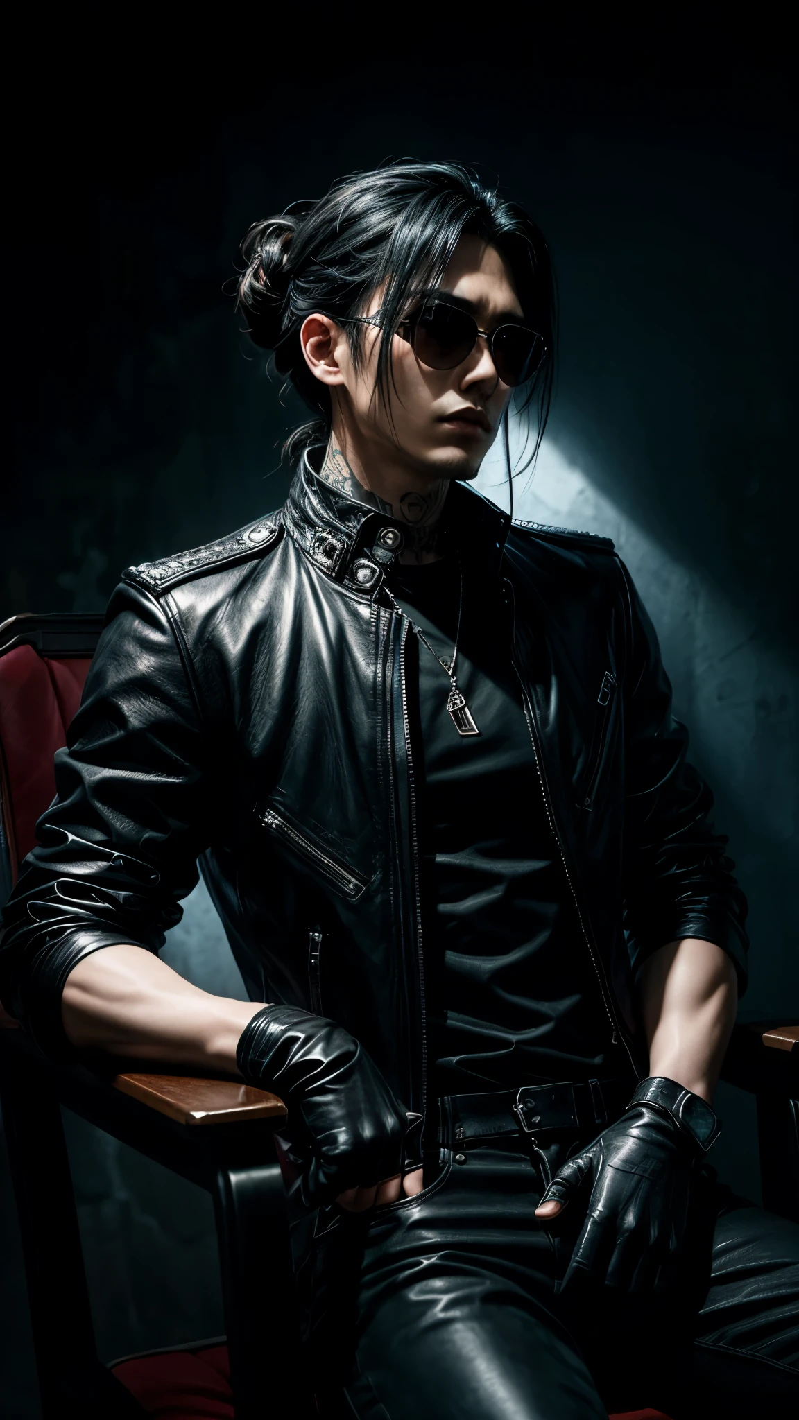 a stylish korean man with long hair tied in bun, wearing black round sunglasses, black leather gloves, dark clothing, sitting on a chair in a dark environment, dynamic point of view, best quality, ultra-detailed, photorealistic, vivid colors, dramatic lighting, chiaroscuro, dark and moody atmosphere, masculine, charismatic, punk style