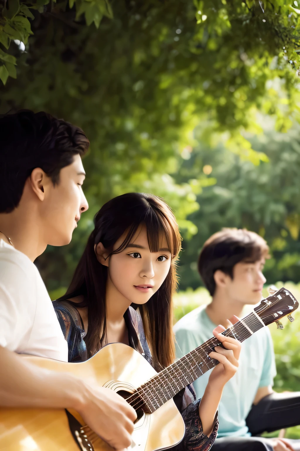 Please generate one male and one female。A woman is playing the guitar and singing while looking at me.。A man is teaching a woman how to play the guitar while looking at her kindly.。In a girl&#39;s manga style、I&#39;d like half of both please.