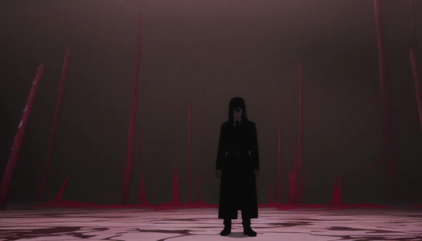 chainsaw man, 1girl, yoru \(chainsaw man\) anime screencap, official art, black trench coat, standing, masterpiece, best quality, newest, recent