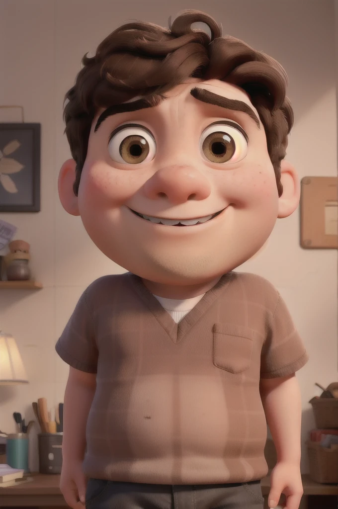 Create a Pixar post of just the face of a chubby 14-year-old boy with dark brown hair