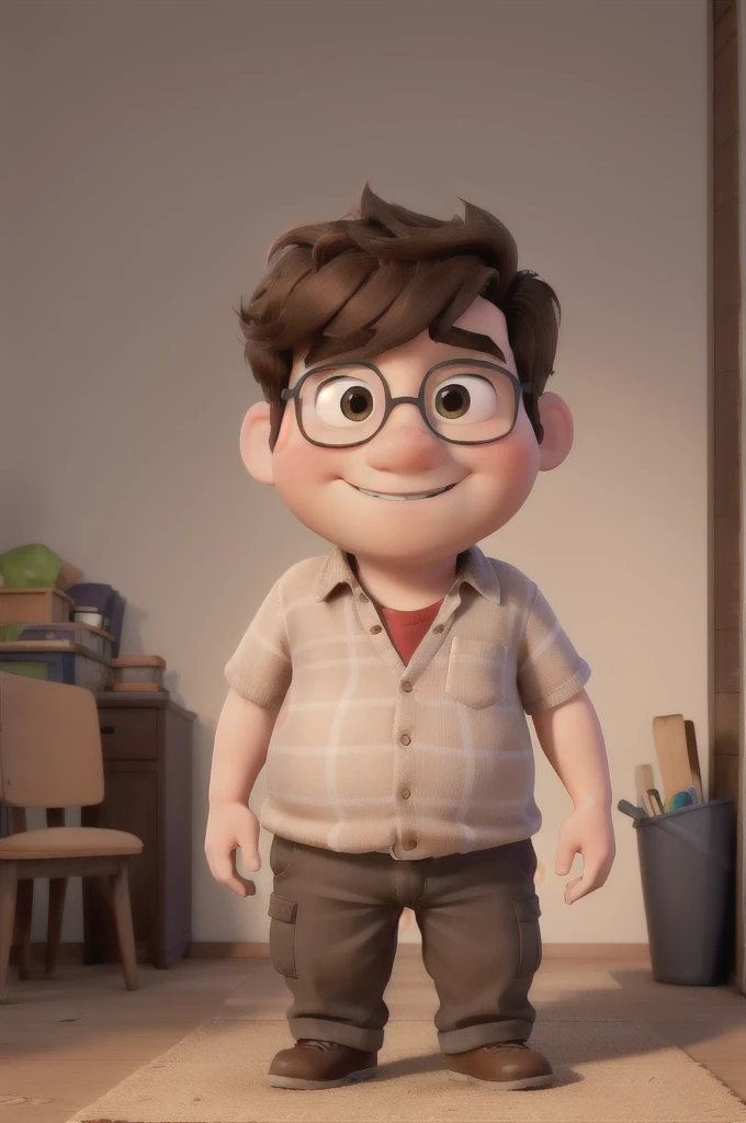 Create a Pixar post of just the face of a chubby 14-year-old boy with dark brown hair
