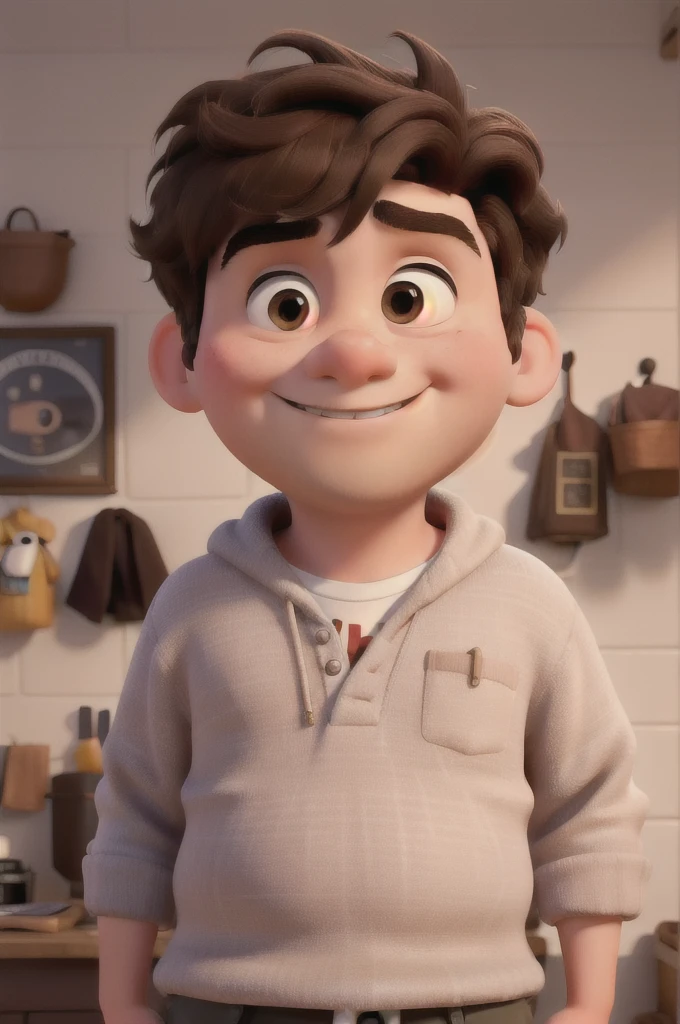 Create a Pixar post of just the face of a chubby 14-year-old boy with dark brown hair