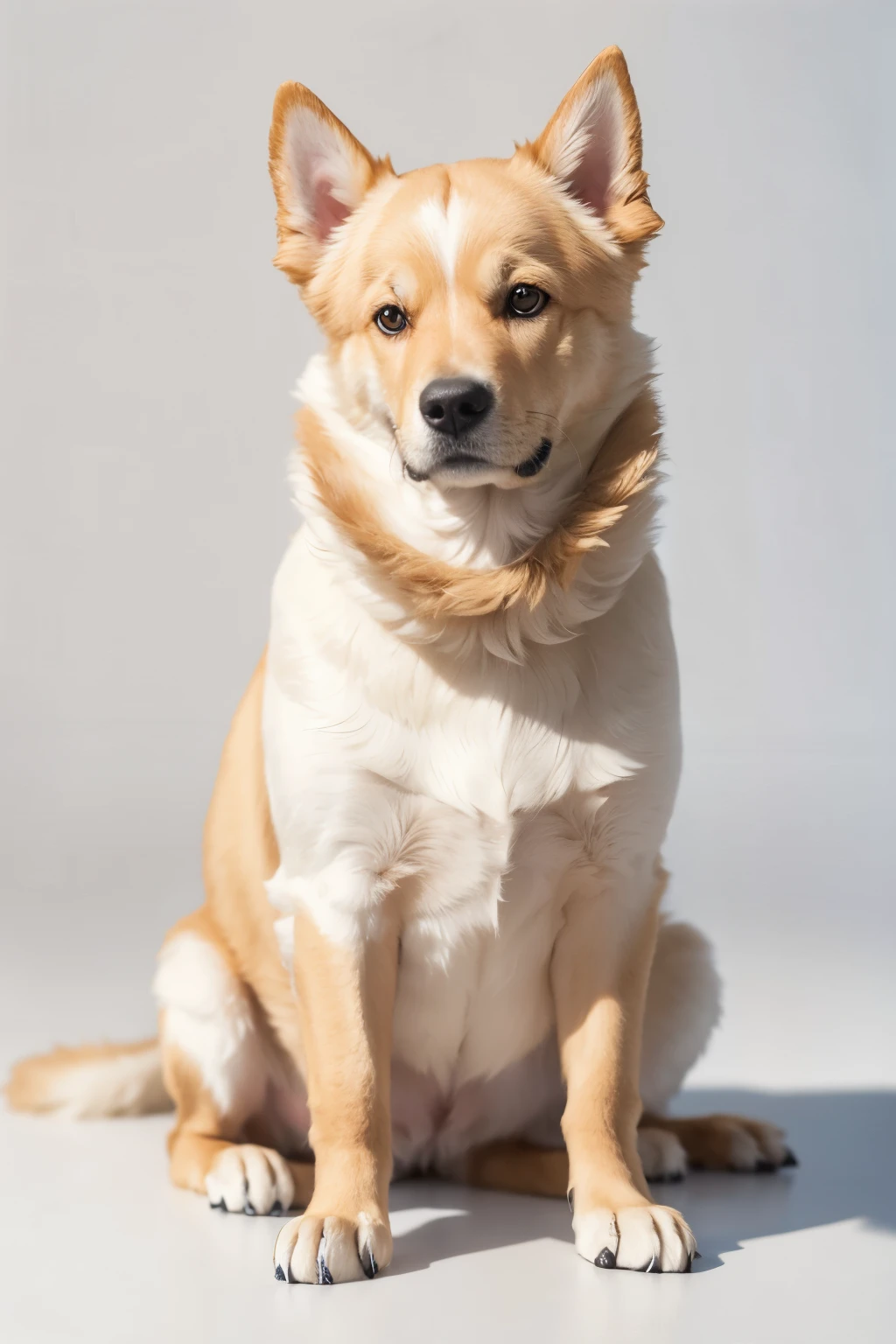 ((best qualityer)), ((work of art)), (detailded),A dog of the golden breed, in cold weather clothes, sitting with paws up, White background 
