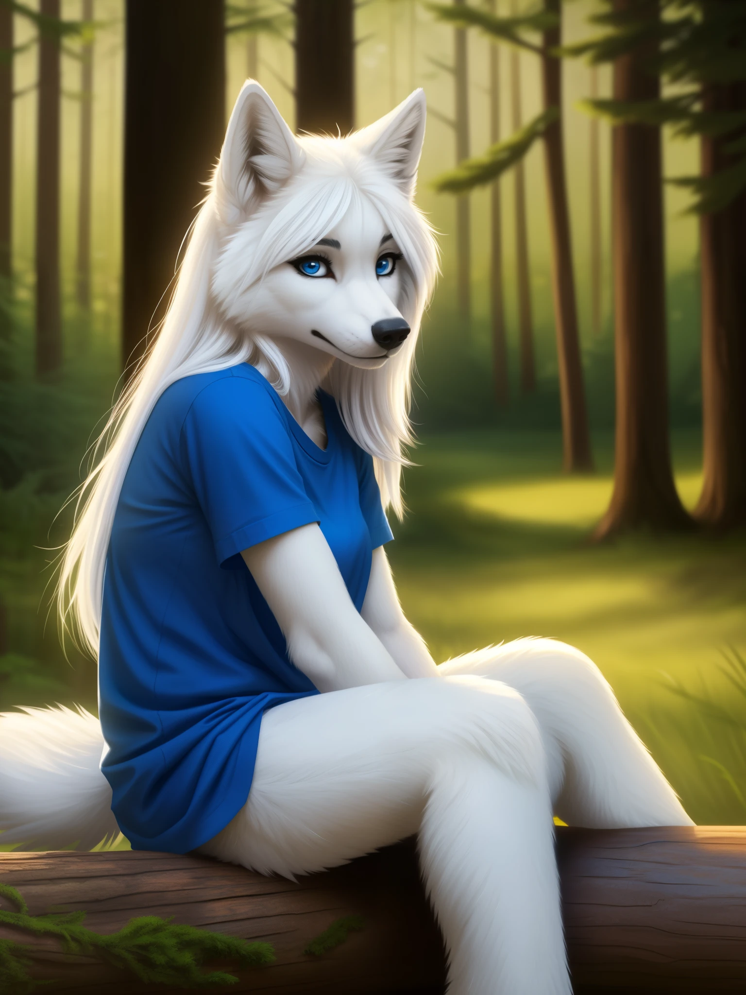 Posing, sitting on log, Female, 30 years old, cute, eyeliner, long hair, sad, blue shirt, bedroom eyes, anthro, wolf ears, (white fur:1.5), baggy shirt, wolf, forest background, 8k, hi res, (best quality, masterpiece), blue eyes