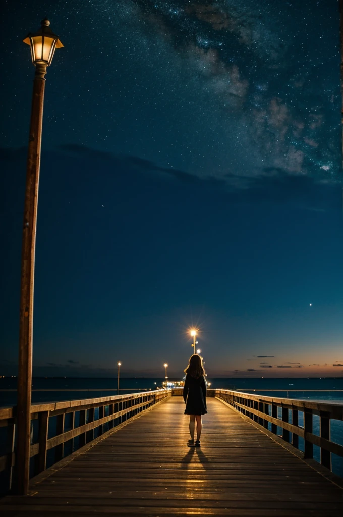 A girl on a pier at night
