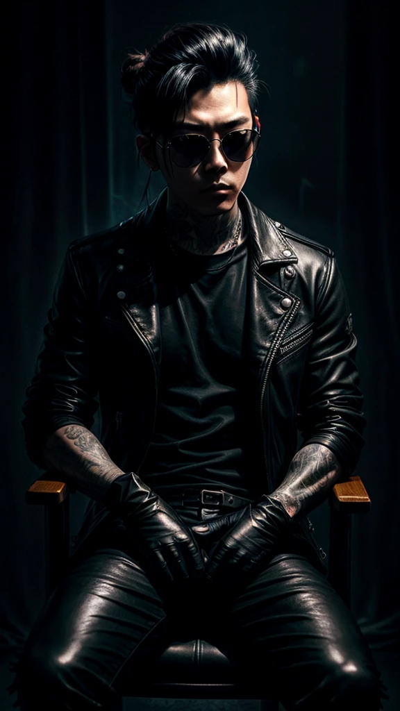 a stylish korean man with long hair tied in bun, wearing black round sunglasses, black leather gloves, dark clothing, sitting on a chair in a dark environment, dynamic point of view, best quality, ultra-detailed, photorealistic, vivid colors, dramatic lighting, chiaroscuro, dark and moody atmosphere, masculine, charismatic, punk style