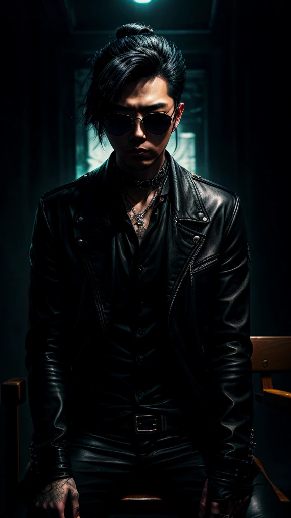 a stylish korean man with long hair tied in bun, wearing black round sunglasses, black leather gloves, dark clothing, sitting on a chair in a dark environment, dynamic point of view, best quality, ultra-detailed, photorealistic, vivid colors, dramatic lighting, chiaroscuro, dark and moody atmosphere, masculine, charismatic, punk style