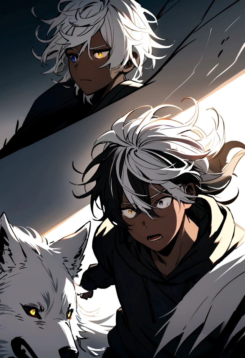 white shirt, wearing a black hoodie , yellow and black eyes heterochromia, expression of despair, Messy hair , Medium length hair , 1 men , multicolored black and white hair , two tone hair , dark skin color , with a white wolf , they are both running