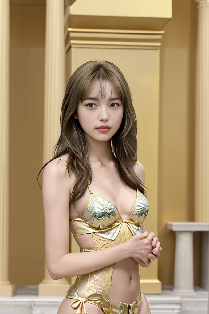 ((Butterfly Pattern Lingerie))、((Golden Ancient Greek Temple))、(Golden wall decorated with gold)、(Blur the background)、(One boob is visible、large areola is visible、to stand)、Full body、standingn、delicated face、Delicate hand、delicate paws、delicate finger、Anatomy Body、A sexy、complete fingers、The number of fingers on the right hand is 5、The number of fingers on the left hand is 5、Golden wall decorated with gold、Pillars of the Golden Greek Temple、Golden Greek Pillars、Blur the background、cleavage of the breast、Navel exposure、Arm Out Exposure、Thigh exposure、 and busty slender and slim girl、Short stature、Young Face、Golden Ancient Temple、goddes、Golden altar in the background、(Muchimuchi Body)、Short stature、Golden Wall、Golden Altar、12-year-old beautiful girl、Golden wall on background、Rori、looking at the viewers、