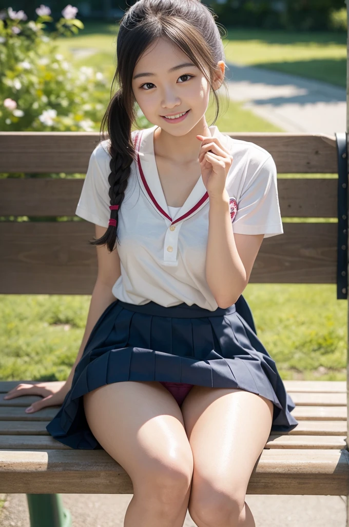 Pure Japanese school girl, sexual attractive, outstanding body, beautiful legs, shiny white skin, wearing loose uniform, panty, natural ponytail, sweet smile, sitting on bench, refreshing in early summer morning, composition from the front, 