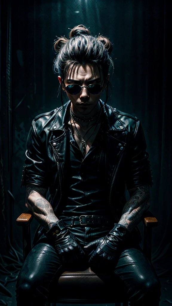 a stylish korean man with long hair tied in bun, wearing black round sunglasses, black leather gloves, dark clothing, sitting on a chair in a dark environment, dynamic point of view, best quality, ultra-detailed, photorealistic, vivid colors, dramatic lighting, chiaroscuro, dark and moody atmosphere, masculine, charismatic, punk style