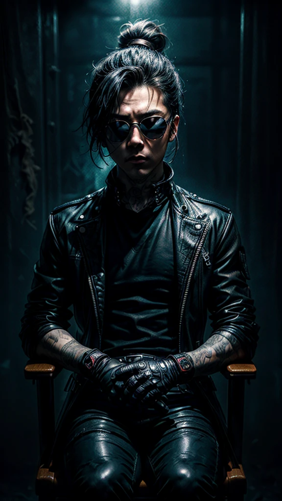 a stylish korean man with long hair tied in bun, wearing black round sunglasses, black leather gloves, dark clothing, sitting on a chair in a dark environment, dynamic point of view, best quality, ultra-detailed, photorealistic, vivid colors, dramatic lighting, chiaroscuro, dark and moody atmosphere, masculine, charismatic, punk style