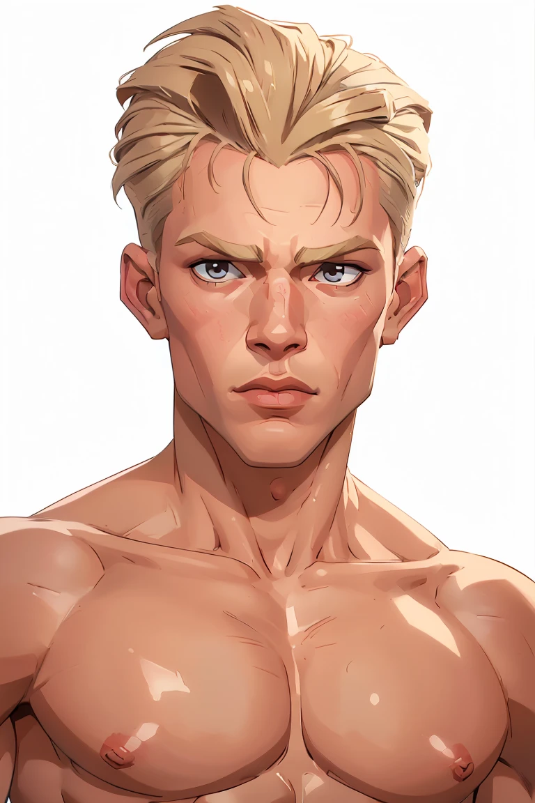 Young actor Val Kilmer from the movie Top Gun, tall, muscular, impressive Jaw line, blond, arrogant, 4k, highly detailed, ((((nude)))), ((((((upper body portrait)))))), ((plain white background))