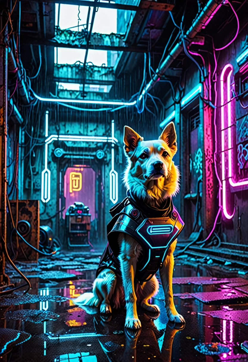Inside a cyberpunk abandoned building。The weather is rainy。A dog dressed in a futuristic outfit is looking at you。
Neon lights and steam float through the ruins.