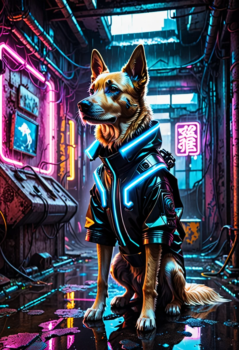 Inside a cyberpunk abandoned building。The weather is rainy。A dog dressed in a futuristic outfit is looking at you。
Neon lights and steam float through the ruins.