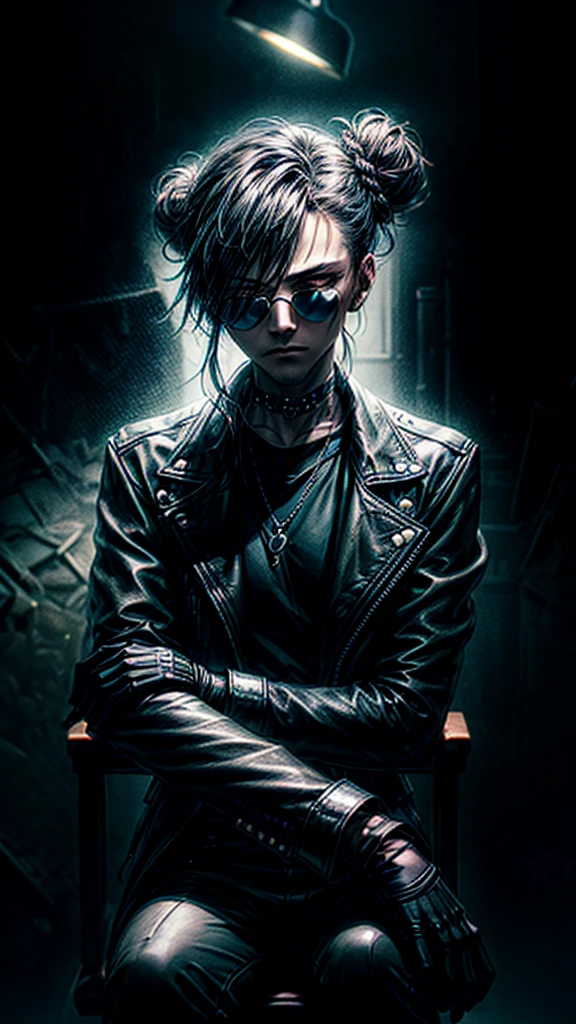 a stylish korean man with long hair tied in bun, wearing black round sunglasses, black leather gloves, dark clothing, sitting on a chair in a dark environment, dynamic point of view, best quality, ultra-detailed, photorealistic, vivid colors, dramatic lighting, chiaroscuro, dark and moody atmosphere, masculine, charismatic, punk style